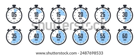 Stopwatch icons. Colorful simple chronometer, time counter with dial. Countdown timer showing hours and minutes. Deadline, measurement for sport. Cooking time label, sticker. Vector illustration