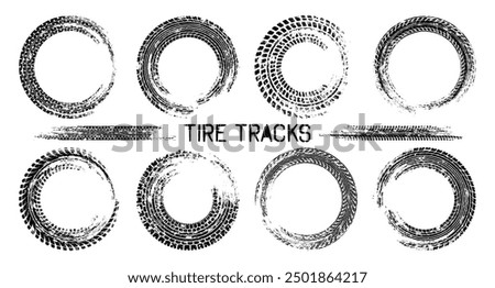 Grunge circle tire tracks, wheel braking marks. Truck, car or motorcycle tread pattern silhouettes. Auto race, motorsport, speed racing design element. Vector illustration