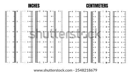 Vertical centimeter and inch scale for measuring length or height. Various measurement scales with divisions. Ruler, tape measure marks, size indicators. Vector illustration