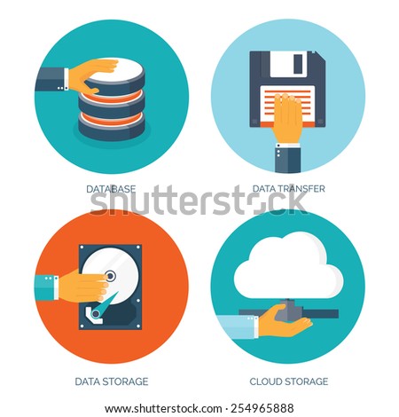 Vector illustration. Flat data storage. Cloud computing. Database.