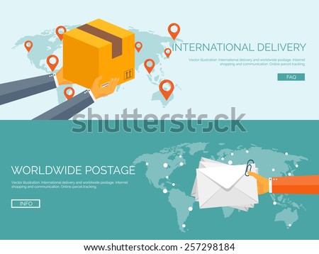 Flat vector illustration backgrounds set. International delivery and worldwide postage. Emailing and online shopping. Envelope and package.