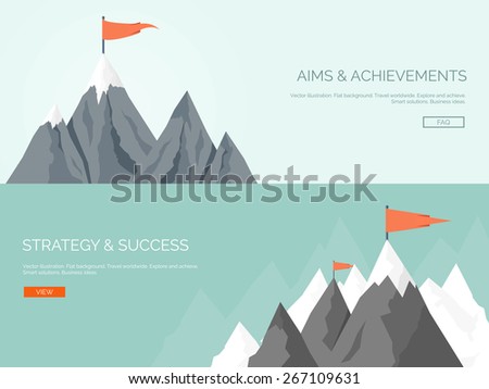 Vector illustration. Flat mountains. Mission and achievement. Nature and travel. Success and smart solutions concept background.