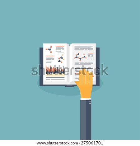 Flat background with hand and medical book. Knowledge. Medical research.