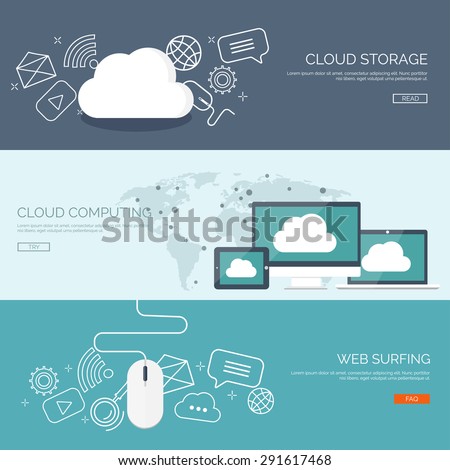 Cloud computing illustration,flat style.Data storage device,media server.Web hosting and cloud technology.Data protection,database security.Backup,copy,migrate data between cloud storage services.