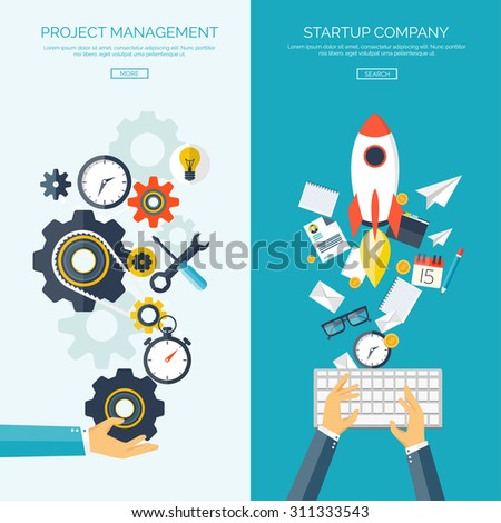Flat vector illustration. Project management. Startup. Background with hands, keyboard, tools.New ideas, business solutions.