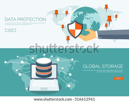 Vector illustration. Flat background. Database, server. Information transfer and protection. Global storage. Security.