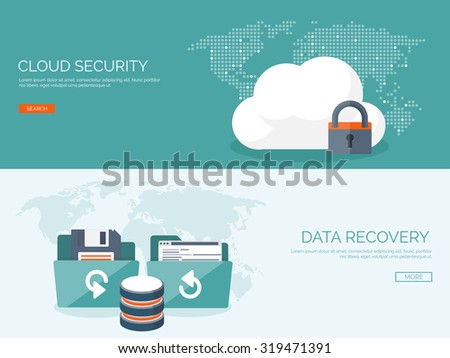 Cloud computing illustration,flat style.Data storage device,media server.Web hosting and cloud technology.Data protection,database security.Backup,copy,migrate data between cloud storage services.