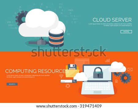 Cloud computing illustration,flat style.Data storage device,media server.Web hosting and cloud technology.Data protection,database security.Backup,copy,migrate data between cloud storage services.