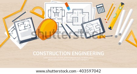 Engineering and architecture design.Flat style.Technical drawing,mechanical engineering.Building construction,trends in design or architecture.Engineering workplace with tools.Industrial architecture.