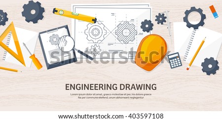Engineering and architecture design.Flat style.Technical drawing,mechanical engineering.Building construction,trends in design or architecture.Engineering workplace with tools.Industrial architecture.