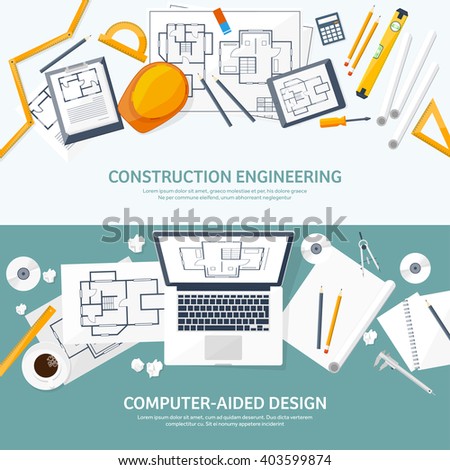 Engineering and architecture design.Flat style.Technical drawing,mechanical engineering.Building construction,trends in design or architecture.Engineering workplace with tools.Industrial architecture.