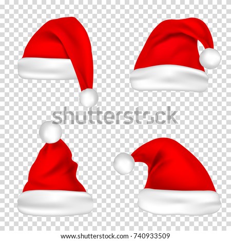 Christmas Santa Claus Hats Set. New Year Red Hat Isolated on Transparent Background. Vector illustration.