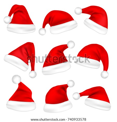 Christmas Santa Claus Hats Set. New Year Red Hat Isolated on White Background. Vector illustration.