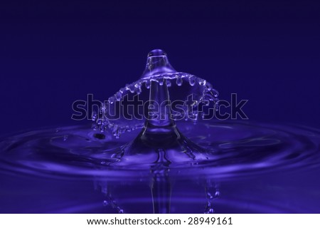 High speed photo of double water drop splash on blue background.