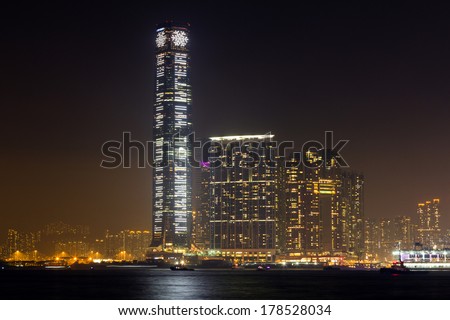 HONG KONG - FEB 24, 2014: Night View of International Commerce Centre Building in Hong Kong. It is a 118-storey, 484 m (1,588 ft) commercial skyscraper completed in 2010 in West Kowloon, Hong Kong.