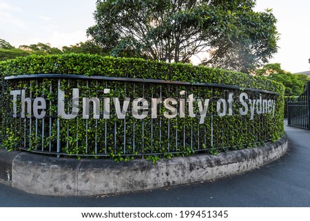 SYDNEY, NSW, AUSTRALIA - May 30, 2014: A name plate of the Sydney of University is displayed at one of its entrances. Five Nobel or Crafoord laureates have been affiliated with the university.