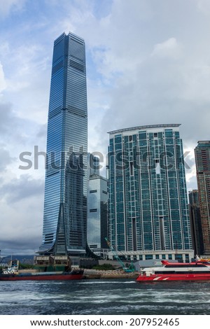HONG KONG - JULY 30, 2014: International Commerce Centre in Hong Kong. ICC Tower is a 118-storey, 484 m commercial skyscraper completed in 2010 in West Kowloon, Hong Kong.