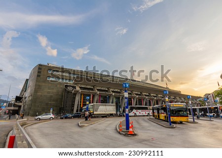 LUCERNE, SWITZERLAND - SEP 16, 2014: Lucerne train station and bus station located together. It is a major hub of the rail network of Switzerland, in the city of Lucerne in the canton of Lucerne.