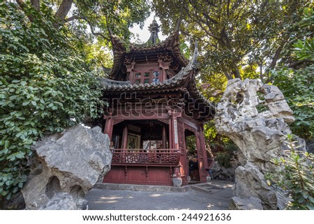 SHANGHAI, CHINA - OCT 24, 2014: An old Chinese pavilion in Yuyuan Garden in Shanghai, China. It located beside the City God Temple in the northeast of the Old City of Shanghai, China.