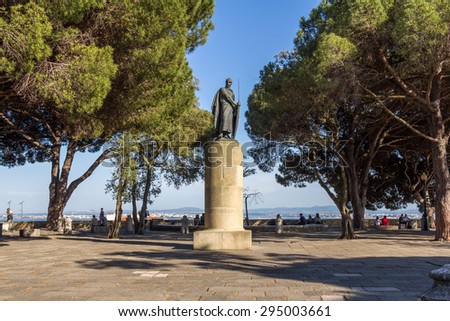 LISBON, PORTUGAL - MAY 26, 2015: Statue of King Afonso I at St. George\'s Castle in Lisbon, Portugal. It is a Moorish castle overlooking the historic centre of Lisbon and Tagus River.