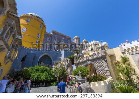 SINTRA, PORTUGAL - MAY 26, 2015: Pena National Palace. It constitutes one of the major expressions of 19th-century Romanticism. It is a UNESCO World Heritage Site and one of seven wonders of Portugal.