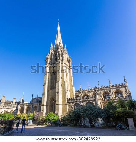 OXFORD, UK - MAY 19, 2015: University Church of St Mary the Virgin. It is the largest of Oxford\'s parish churches and the centre from which the University of Oxford grew.