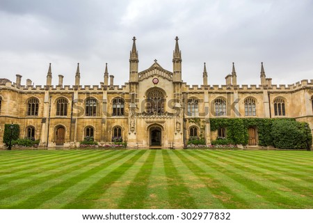 CAMBRIDGE, UK - JULY 23, 2015: Corpus Christi College of the University of Cambridge in England. It was established in 1352 by the Guild of Corpus Christi and the Guild of the Blessed Virgin Mary.