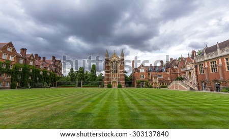 CAMBRIDGE, UK - JULY 23, 2015: Selwyn College chapel and other college buildings. It is a constituent college in the University of Cambridge in England, founded by the Selwyn Memorial Committee.