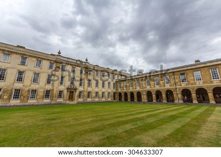 CAMBRIDGE, UK - JULY 22, 2015: Emmanuel College in the University of Cambridge, England. It was founded in 1584 by Sir Walter Mildmay, Chancellor of the Exchequer to Elizabeth I.