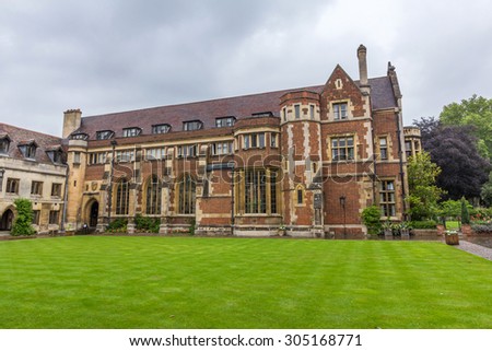 CAMBRIDGE, UK - JULY 24, 2015: Pembroke College in the University of Cambridge, England. It is the third-oldest college of the university and has over 700 students and fellows.