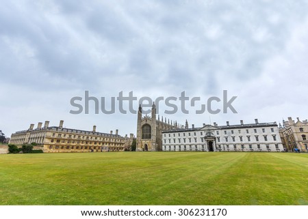 CAMBRIDGE, UK - JULY 23, 2015: King\'s College of the University of Cambridge in England. It lies besides the River Cam and faces out onto King\'s Parade in the centre of the city.