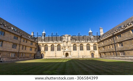 OXFORD, UK - JULY 19, 2015: Wadham College of the University of Oxford in the United Kingdom. It is located in the centre of Oxford, at the intersection of Broad Street and Parks Road.