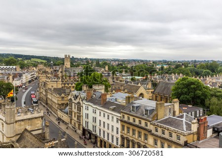 OXFORD, UK - JULY 20, 2015: View of All Souls College of University of Oxford and High Street from the tower of University Church of St Mary the Virgin, Oxford, England.