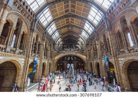 LONDON, UK - JULY 20, 2015: Interior view of the Natural History Museum in London, England. It is a museum exhibiting a vast range of specimens from various segments of natural history.