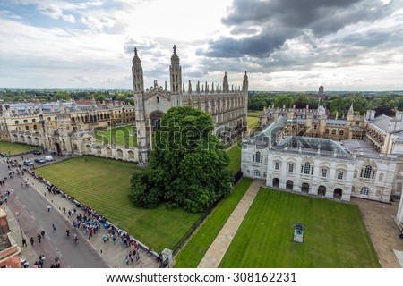 CAMBRIDGE, UK - JULY 23, 2015: View of Cambridge University King\'s College Chapel and the Old Schools from the top of University Church of St Mary the Great in Cambridge, England.