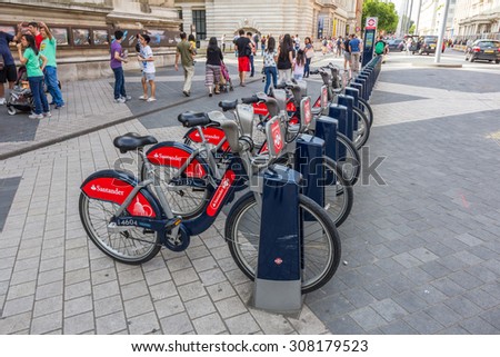 LONDON, UK - JULY 20, 2015: Santander bicycle station in London, UK. Bicycles are one of the best way to explore London.