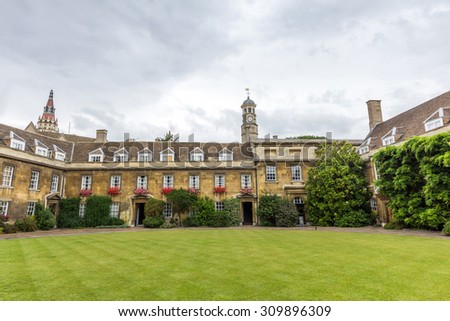 CAMBRIDGE, UK - JULY 24, 2015: First court and Master's lodge of Christ's College in the University of Cambridge, England. The college was founded by Lady Margaret Beaufort in 1505.