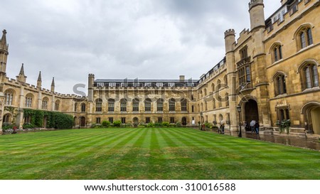 CAMBRIDGE, UK - JULY 24, 2015: Corpus Christi College of the University of Cambridge in England. It was established in 1352 by the Guild of Corpus Christi and the Guild of the Blessed Virgin Mary.