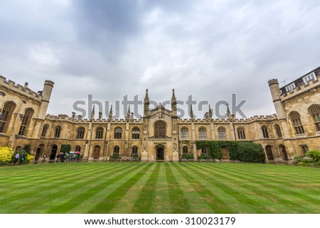 CAMBRIDGE, UK - JULY 24, 2015: Corpus Christi College of the University of Cambridge in England. It was established in 1352 by the Guild of Corpus Christi and the Guild of the Blessed Virgin Mary.