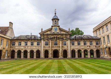 CAMBRIDGE, UK - JULY 22, 2015: Emmanuel College in the University of Cambridge, England. It was founded in 1584 by Sir Walter Mildmay, Chancellor of the Exchequer to Elizabeth I.