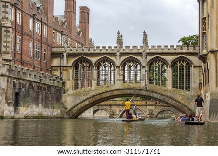 CAMBRIDGE, UK - JULY 24, 2015: Bridge of Sighs of St John\'s College in the University of Cambridge, England. The college was founded by Lady Margaret Beaufort.