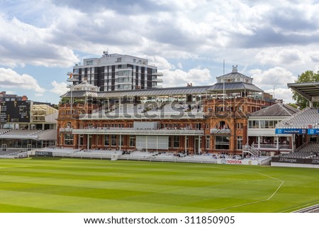 LONDON, UK - JULY 21, 2015: Old pavilion of Lord\'s Cricket Ground in London, England. It is referred to as the home of cricket and is home to the world\'s oldest cricket museum.