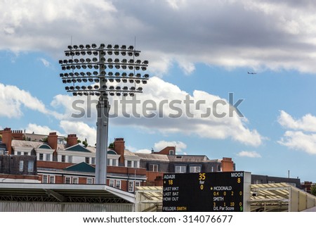 LONDON, UK - JULY 22, 2015: Lighting system of the Lord\'s cricket ground in London, England. Lord\'s is widely referred to as the Home of Cricket and is home to the world\'s oldest sporting museum.