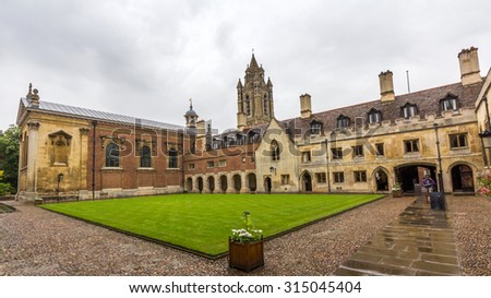 CAMBRIDGE, UK - JULY 24, 2015: Old court of Pembroke College in the University of Cambridge, England. It is the third-oldest college of the university and has over 700 students and fellows.