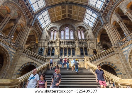 LONDON, UK - JULY 20, 2015: Interior view of the Natural History Museum in London, England. It is a museum exhibiting a vast range of specimens from various segments of natural history.