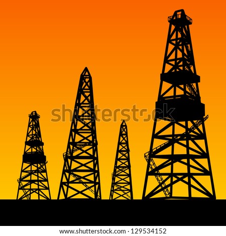 Oil rig silhouettes and orange sky. Vector illustration, eps10, contains transparencies, gradients and effects.