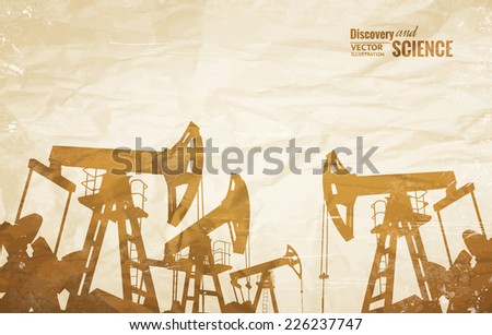 Oil industry background with oil pumps over old paper. Vector illustration.