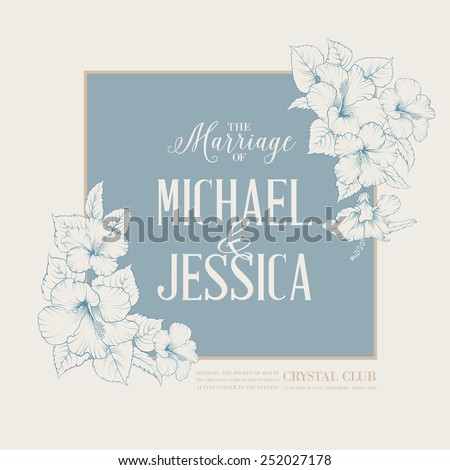 Marriage design template with custom names in square frame with exotic flowers. Vector illustration.