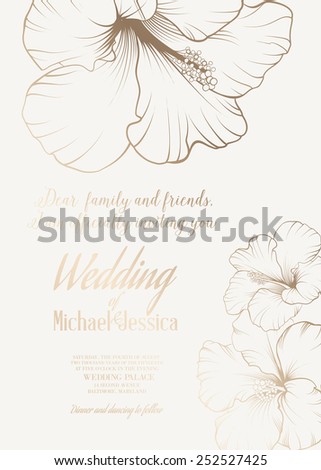 Wedding invitation with names Michael and Jessica with exotic flowers. Vector illustration.