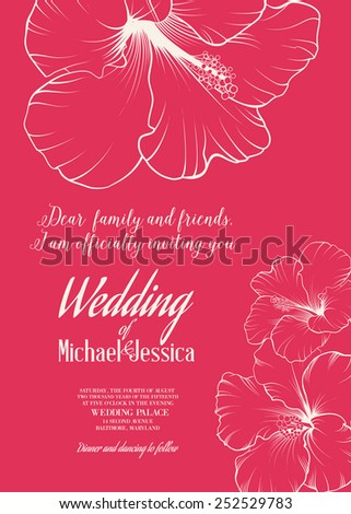 Wedding invitation template with names Michael and Jessica with exotic flowers. Vector illustration.
